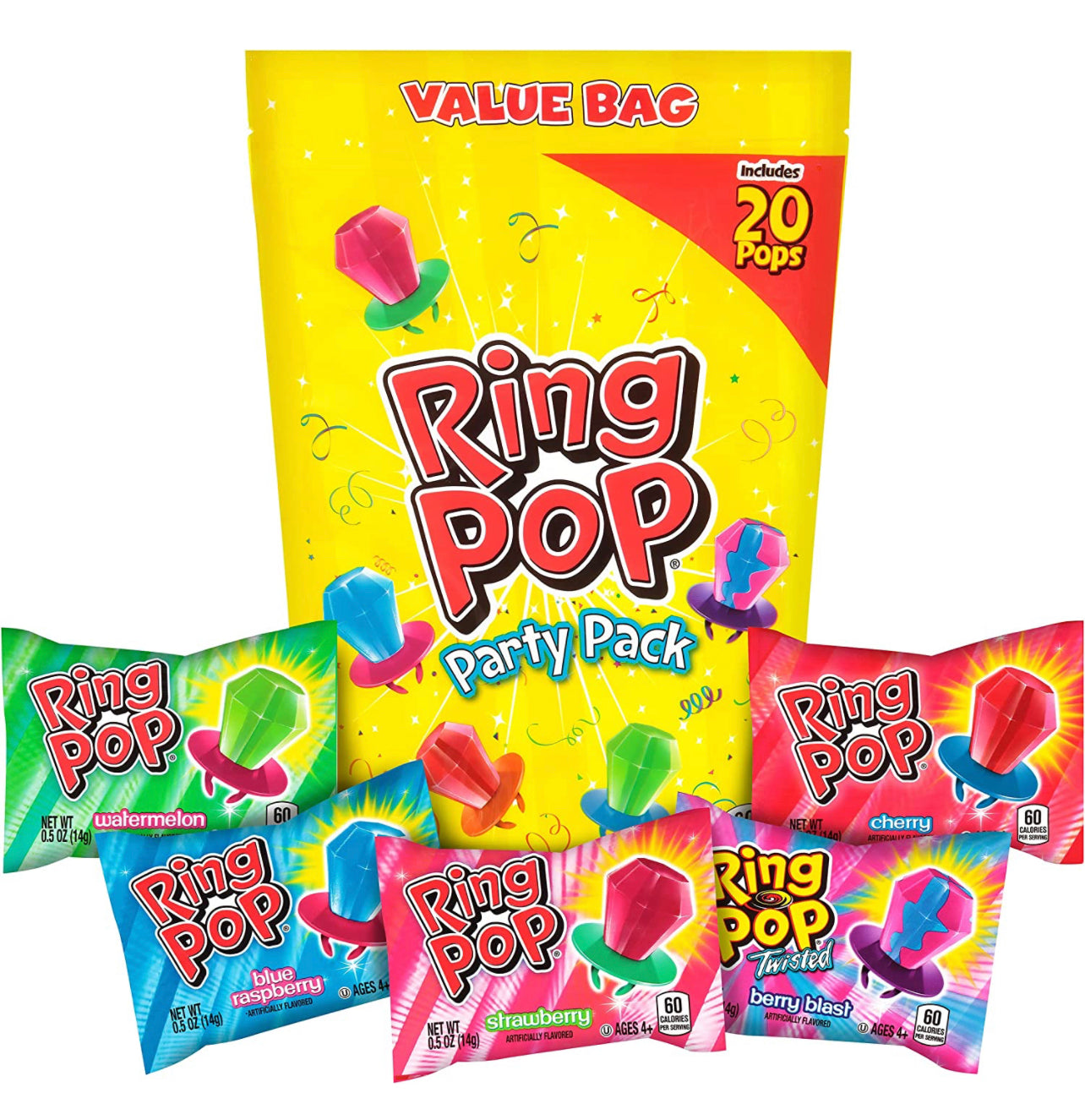 Ring Pop Individually Wrapped Bulk Lollipop Variety Party Pack, 20 Count Lollipop Suckers w/ Assorted Flavors
