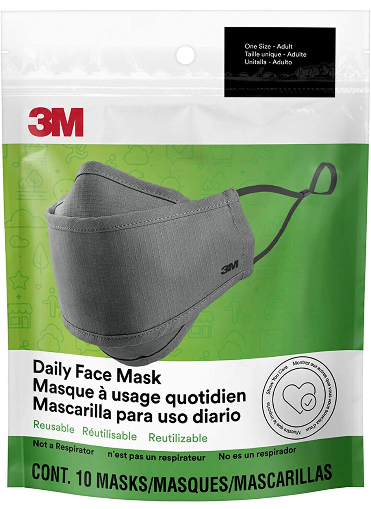3M Daily Face Mask, Reusable, Washable, Lightweight Cotton Fabric, 10 Pack, Gray